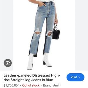 AMIRI Blue Distressed Skinny Jeans with Black Leather Side Panels